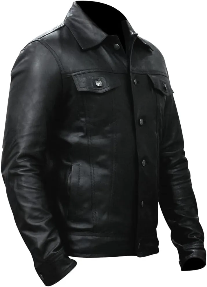 Mens Vintage Style Trucker Leather Jacket Lambskin Classic Fashion Mens Motorcycle Jackets