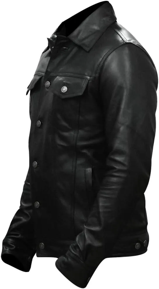 Mens Vintage Style Trucker Leather Jacket Lambskin Classic Fashion Mens Motorcycle Jackets