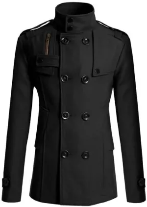 Men's Winter Double Breasted Notch Lapel Trench Coat Stand Collar Pea Coats with Pockets