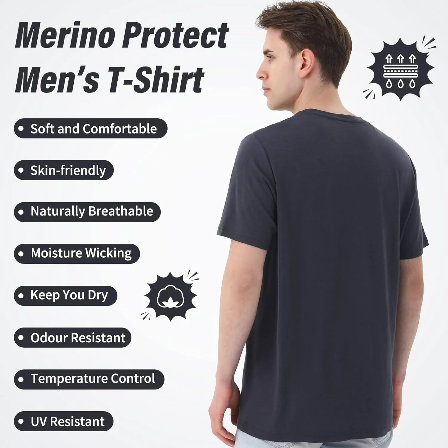 Merino Protect 100% Merino Wool T-Shirt for Men Short Sleeve Slim Fit Undershirt Soft Lightweight Tee Shirt for Travel Hiking