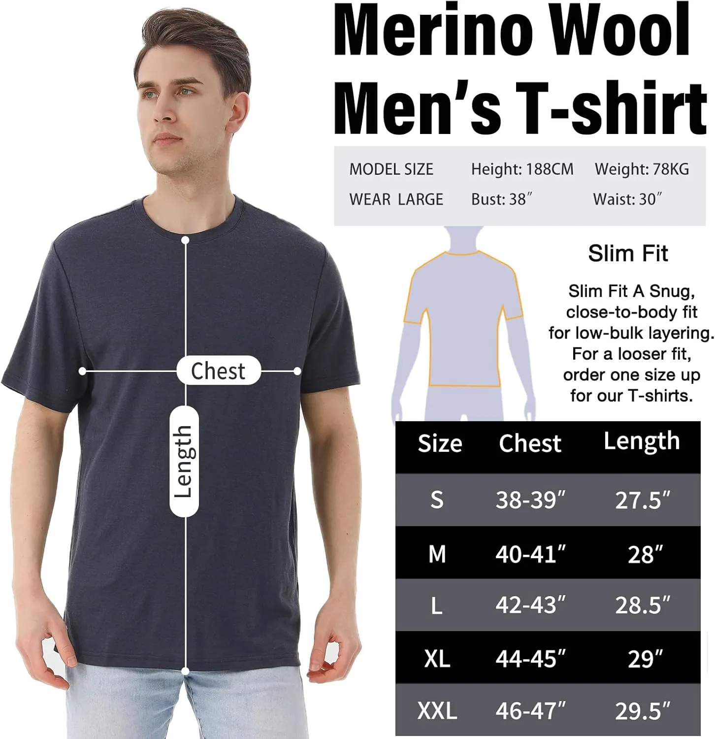 Merino Protect 100% Merino Wool T-Shirt for Men Short Sleeve Slim Fit Undershirt Soft Lightweight Tee Shirt for Travel Hiking