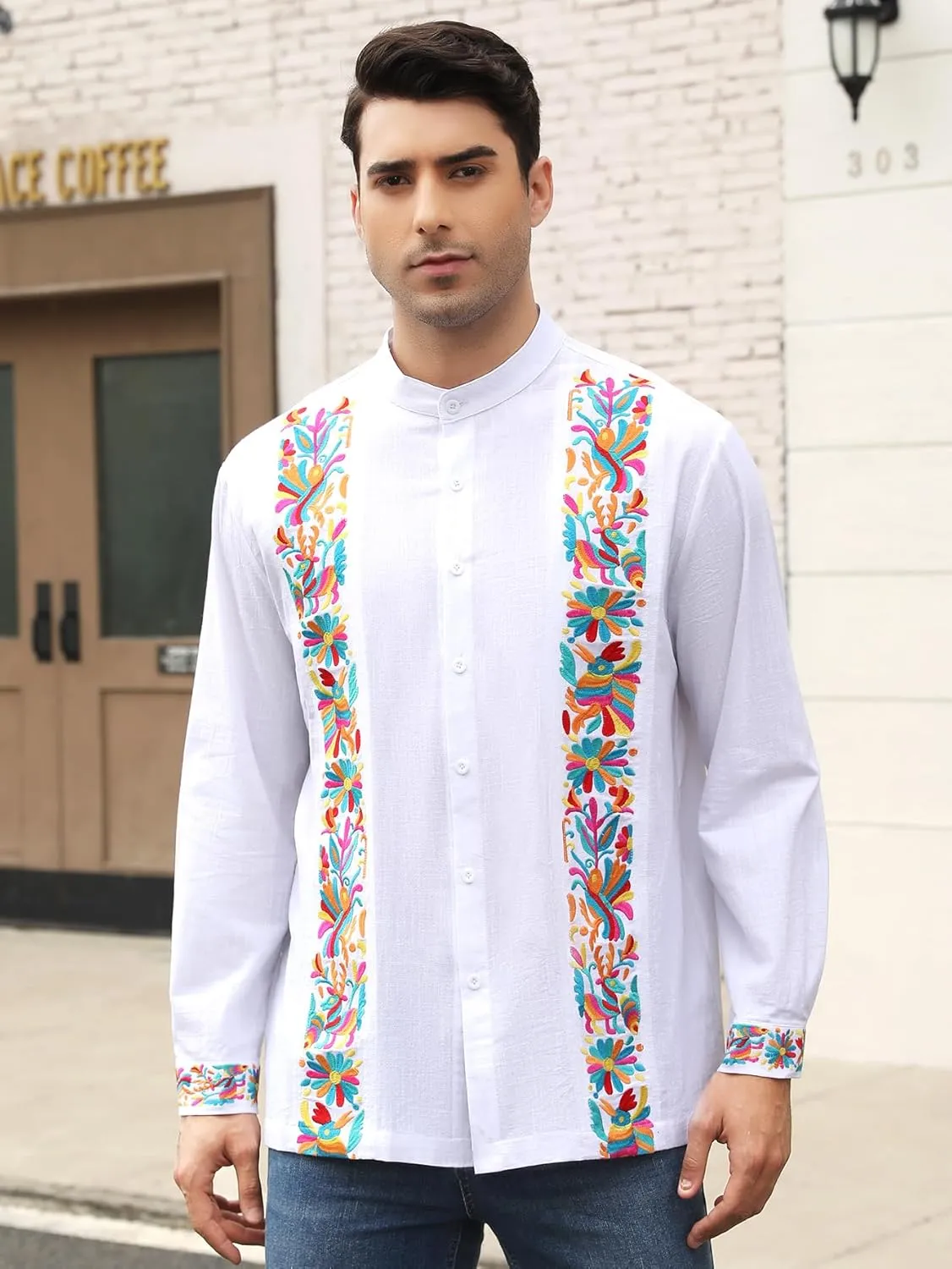 Mexican Shirts for Men Guayabera Embroidered Traditional Fiesta Button Up Mandarin Collared Long Sleeve Shirt