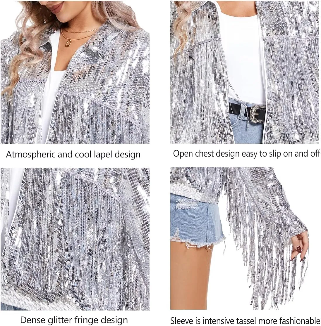 MISI CHAO Sequin Fringe Jacket Shiny Disco Cowgirl Outfit Theme Y2K 90s Streetwear Jacket Glitter Tassel Coat