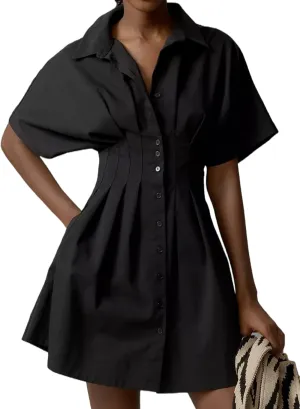 MISSACTIVER Women Pleated Button Down Shirt Dress Short Sleeve Striped Corset Mini Dresses Casual Summer Short Dress