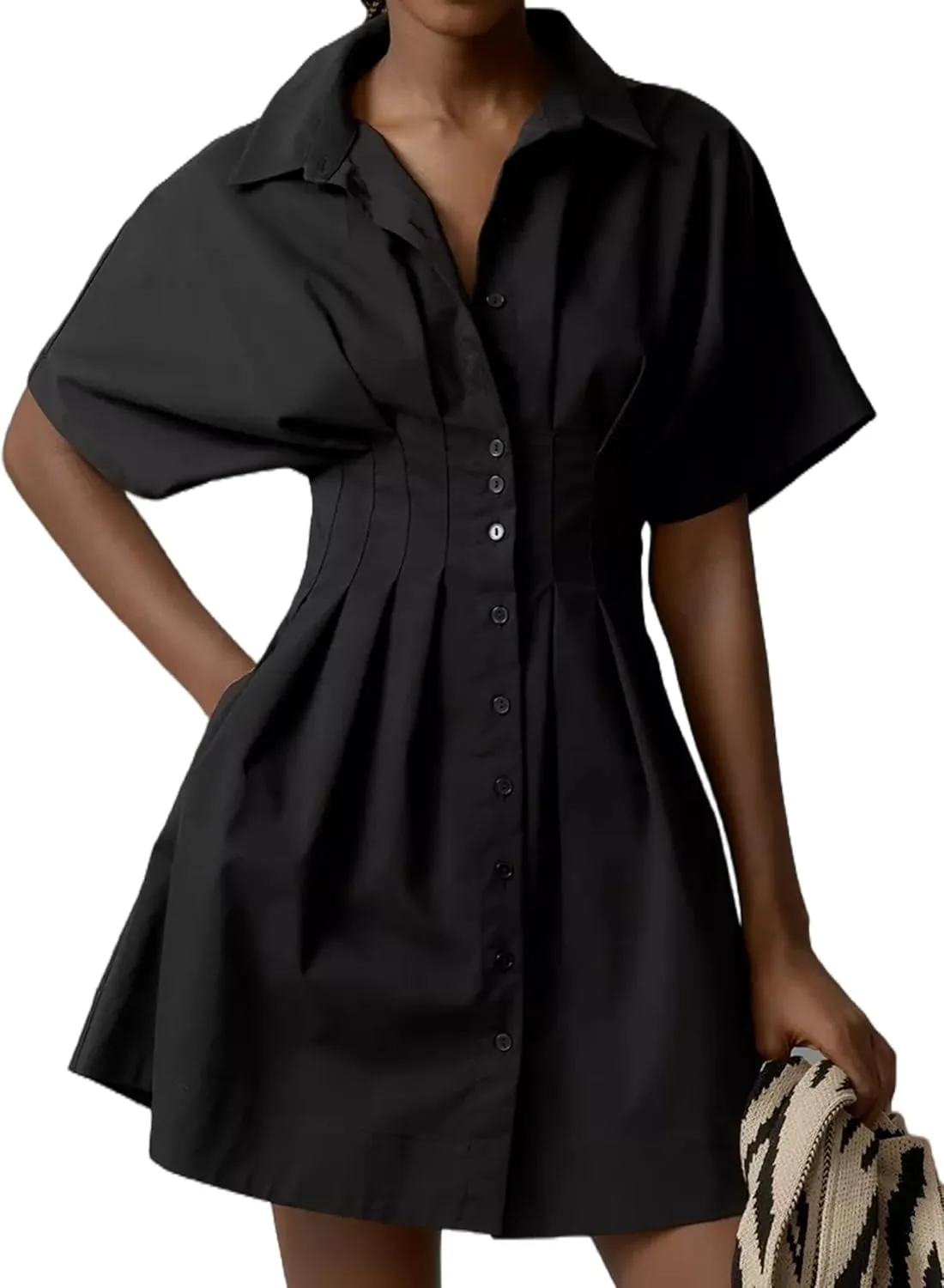 MISSACTIVER Women Pleated Button Down Shirt Dress Short Sleeve Striped Corset Mini Dresses Casual Summer Short Dress