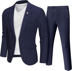 MY'S Men's 2 Piece Regular Fit Linen Suit Set, One Button Lightweight Jacket Pants for Business, Casual, or Prom