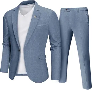 MY'S Men's 2 Piece Regular Fit Linen Suit Set, One Button Lightweight Jacket Pants for Business, Casual, or Prom