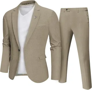 MY'S Men's 2 Piece Regular Fit Linen Suit Set, One Button Lightweight Jacket Pants for Business, Casual, or Prom