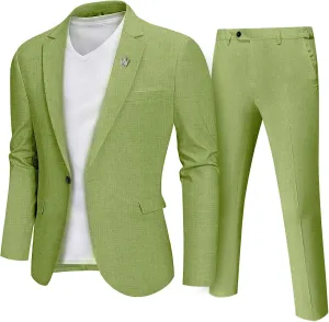 MY'S Men's 2 Piece Regular Fit Linen Suit Set, One Button Lightweight Jacket Pants for Business, Casual, or Prom
