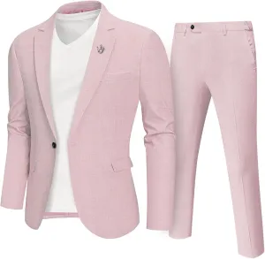 MY'S Men's 2 Piece Regular Fit Linen Suit Set, One Button Lightweight Jacket Pants for Business, Casual, or Prom