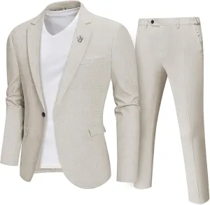 MY'S Men's 2 Piece Regular Fit Linen Suit Set, One Button Lightweight Jacket Pants for Business, Casual, or Prom
