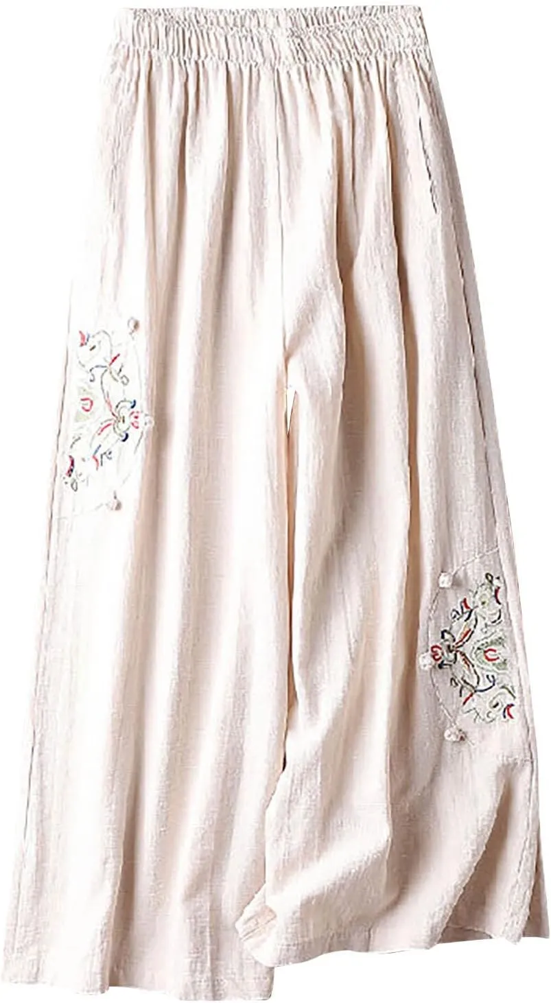 Mzkdieey Womens Wide Leg Capri Pants Mexican Embroidered Peasant Cropped Trousers Cotton Linen High Waist Palazzo Pants