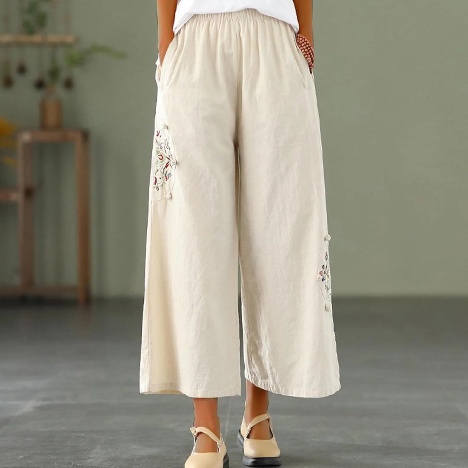 Mzkdieey Womens Wide Leg Capri Pants Mexican Embroidered Peasant Cropped Trousers Cotton Linen High Waist Palazzo Pants