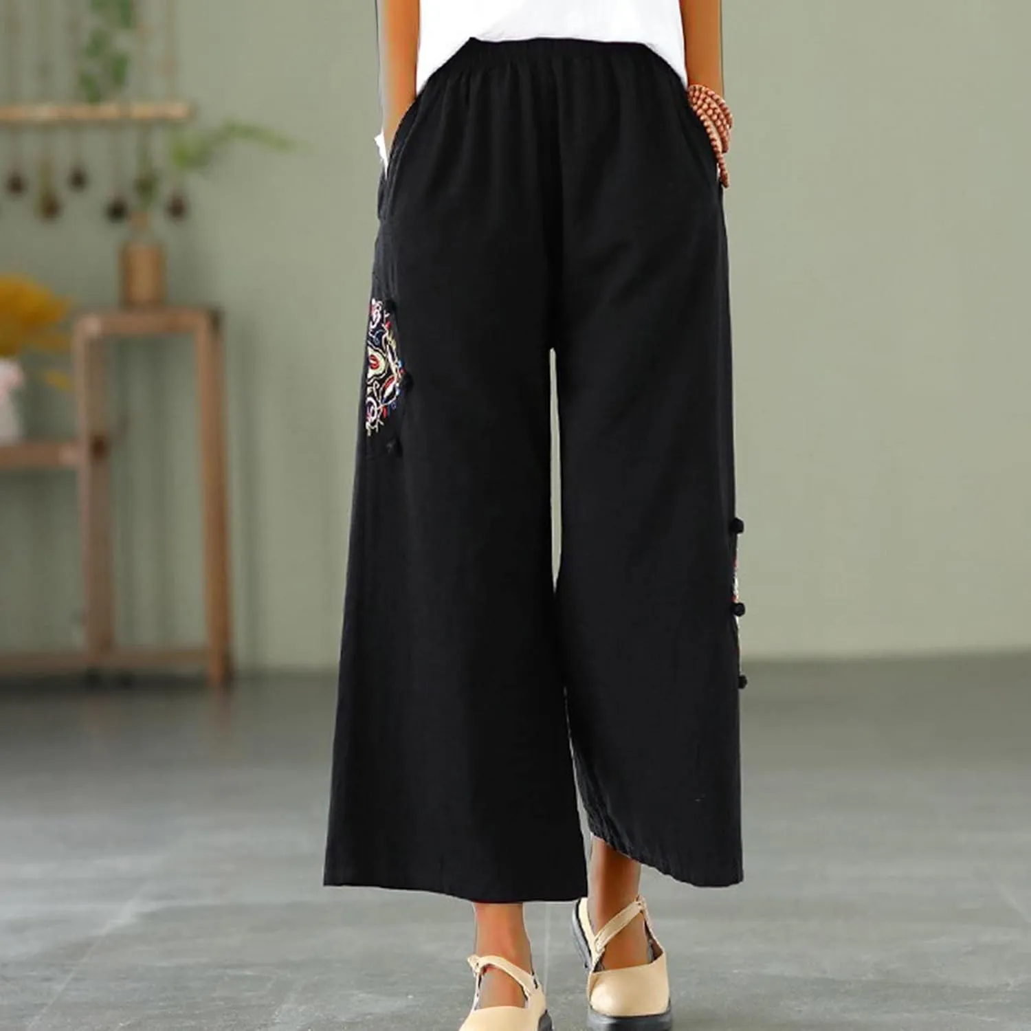 Mzkdieey Womens Wide Leg Capri Pants Mexican Embroidered Peasant Cropped Trousers Cotton Linen High Waist Palazzo Pants