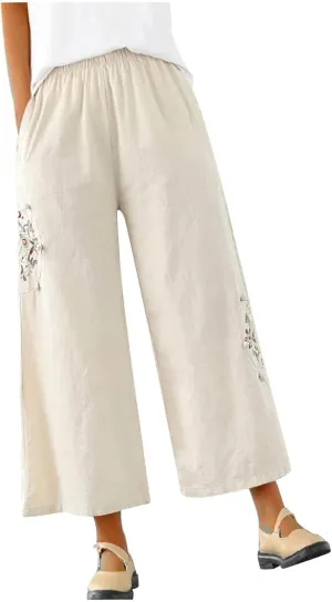 Mzkdieey Womens Wide Leg Capri Pants Mexican Embroidered Peasant Cropped Trousers Cotton Linen High Waist Palazzo Pants