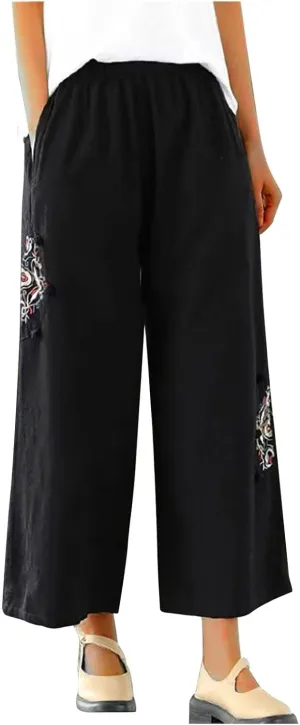 Mzkdieey Womens Wide Leg Capri Pants Mexican Embroidered Peasant Cropped Trousers Cotton Linen High Waist Palazzo Pants