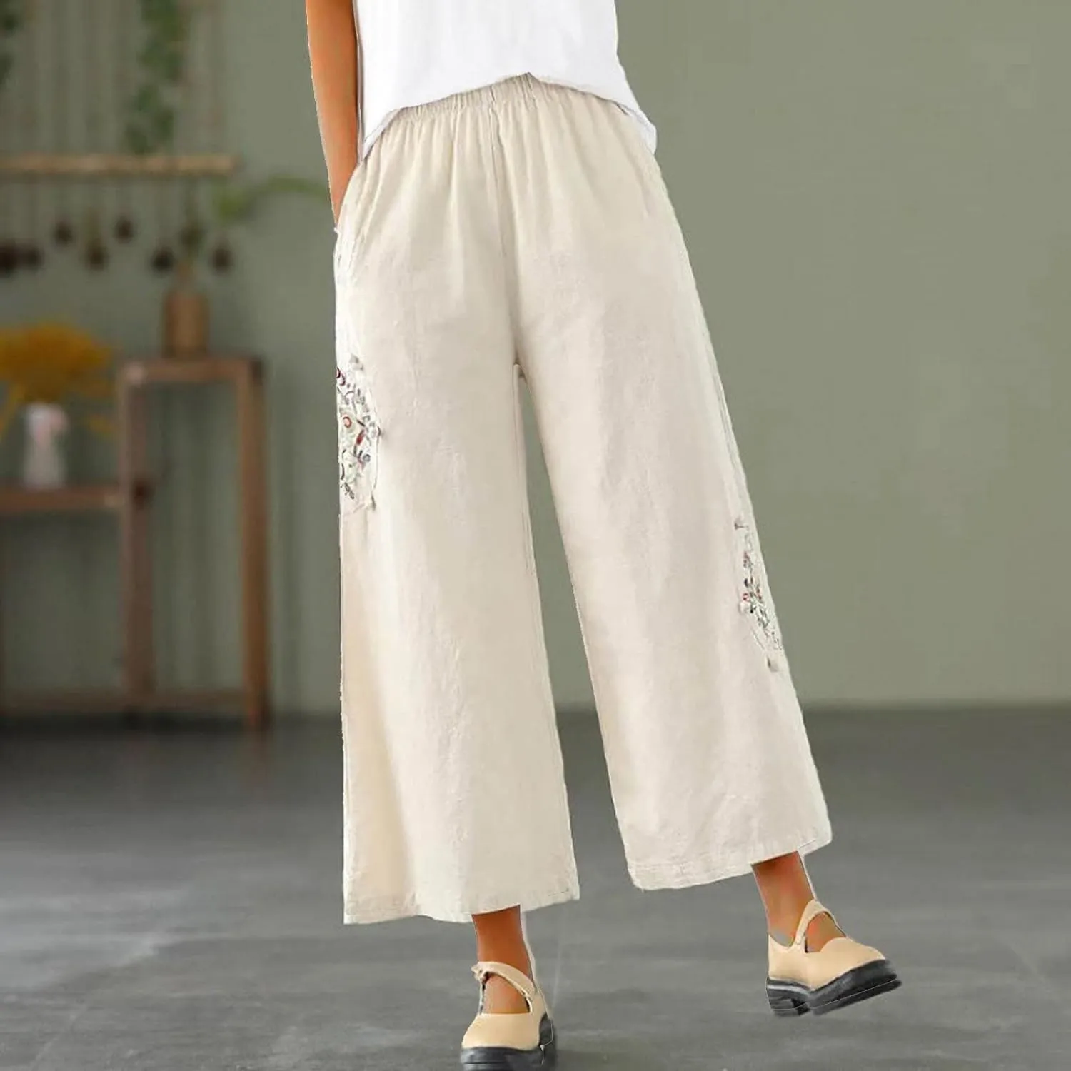 Mzkdieey Womens Wide Leg Capri Pants Mexican Embroidered Peasant Cropped Trousers Cotton Linen High Waist Palazzo Pants