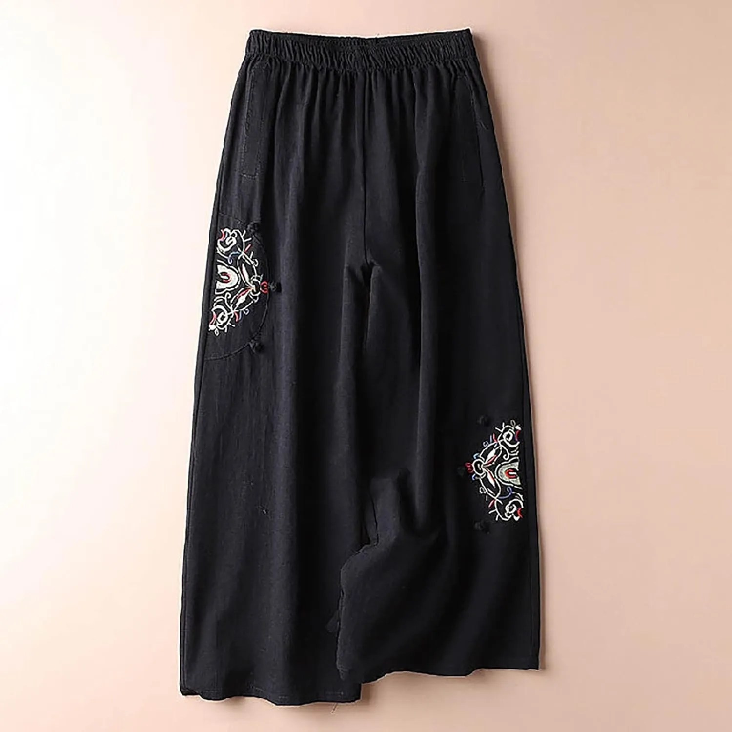 Mzkdieey Womens Wide Leg Capri Pants Mexican Embroidered Peasant Cropped Trousers Cotton Linen High Waist Palazzo Pants