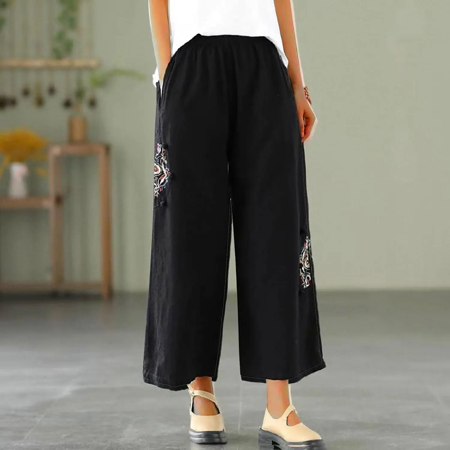 Mzkdieey Womens Wide Leg Capri Pants Mexican Embroidered Peasant Cropped Trousers Cotton Linen High Waist Palazzo Pants