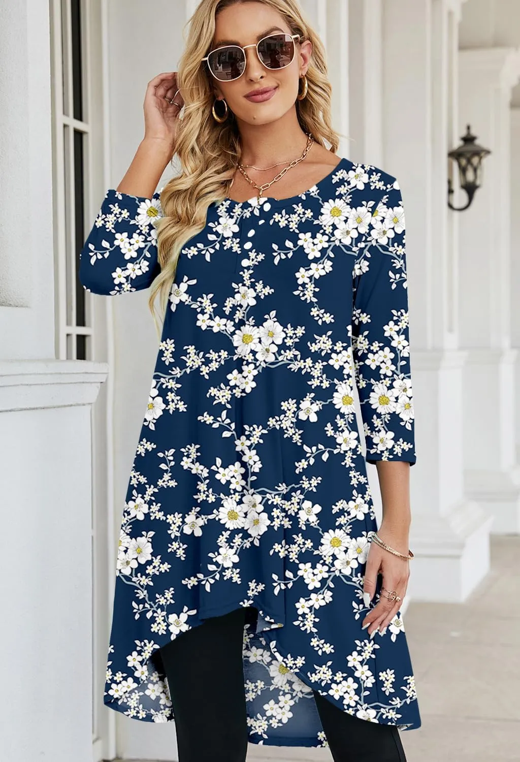 Naggoo Women's 3/4 Sleeve Button V Neck High Low Loose Fit Casual Long Tunic Tops Tee Shirts S-3XL