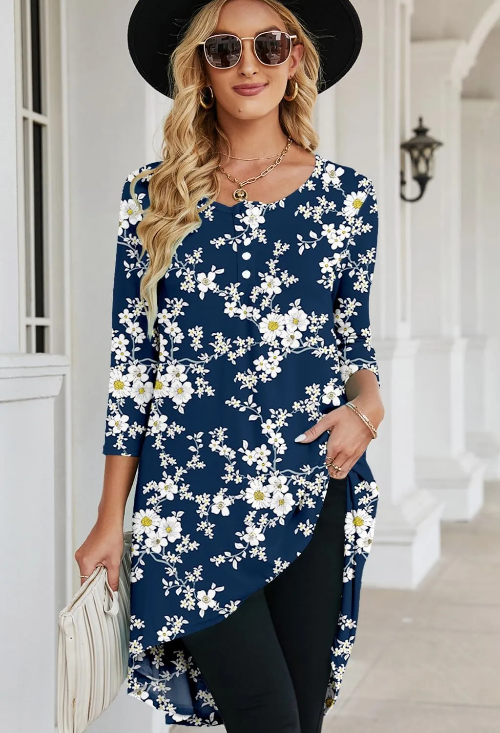 Naggoo Women's 3/4 Sleeve Button V Neck High Low Loose Fit Casual Long Tunic Tops Tee Shirts S-3XL