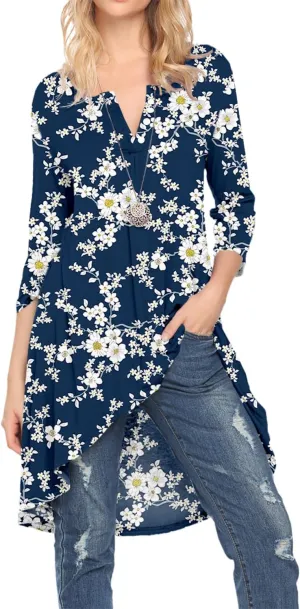 Naggoo Women's 3/4 Sleeve Button V Neck High Low Loose Fit Casual Long Tunic Tops Tee Shirts S-3XL