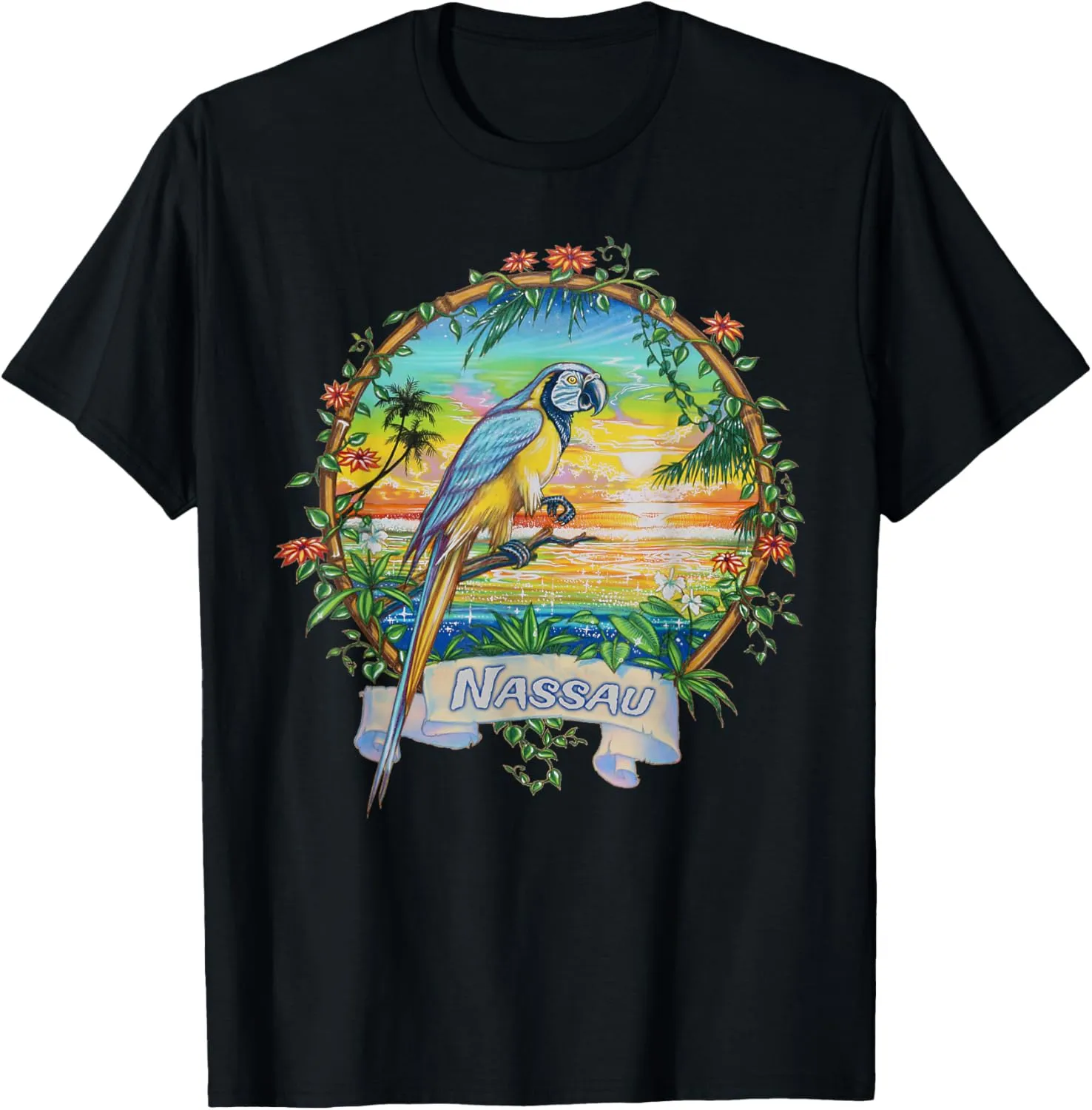 Nassau, Bahamas Vintage Sunset Parrot Vacation T-Shirt