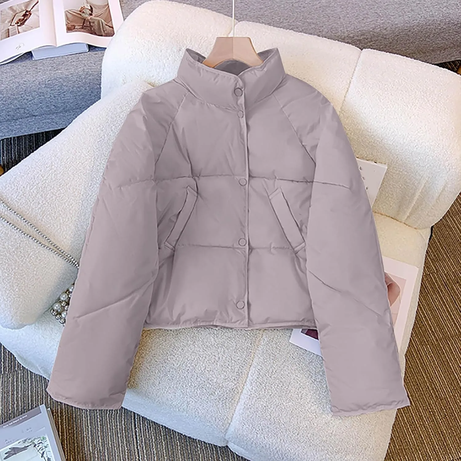 NATHGAM Women Short Puffer Down Jackets Cute Warm Winter Stand Collar Bread Jacket Fashion Casual Loose Cotton Padded Jacket