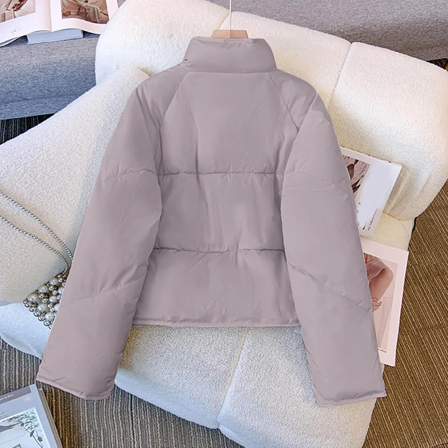 NATHGAM Women Short Puffer Down Jackets Cute Warm Winter Stand Collar Bread Jacket Fashion Casual Loose Cotton Padded Jacket
