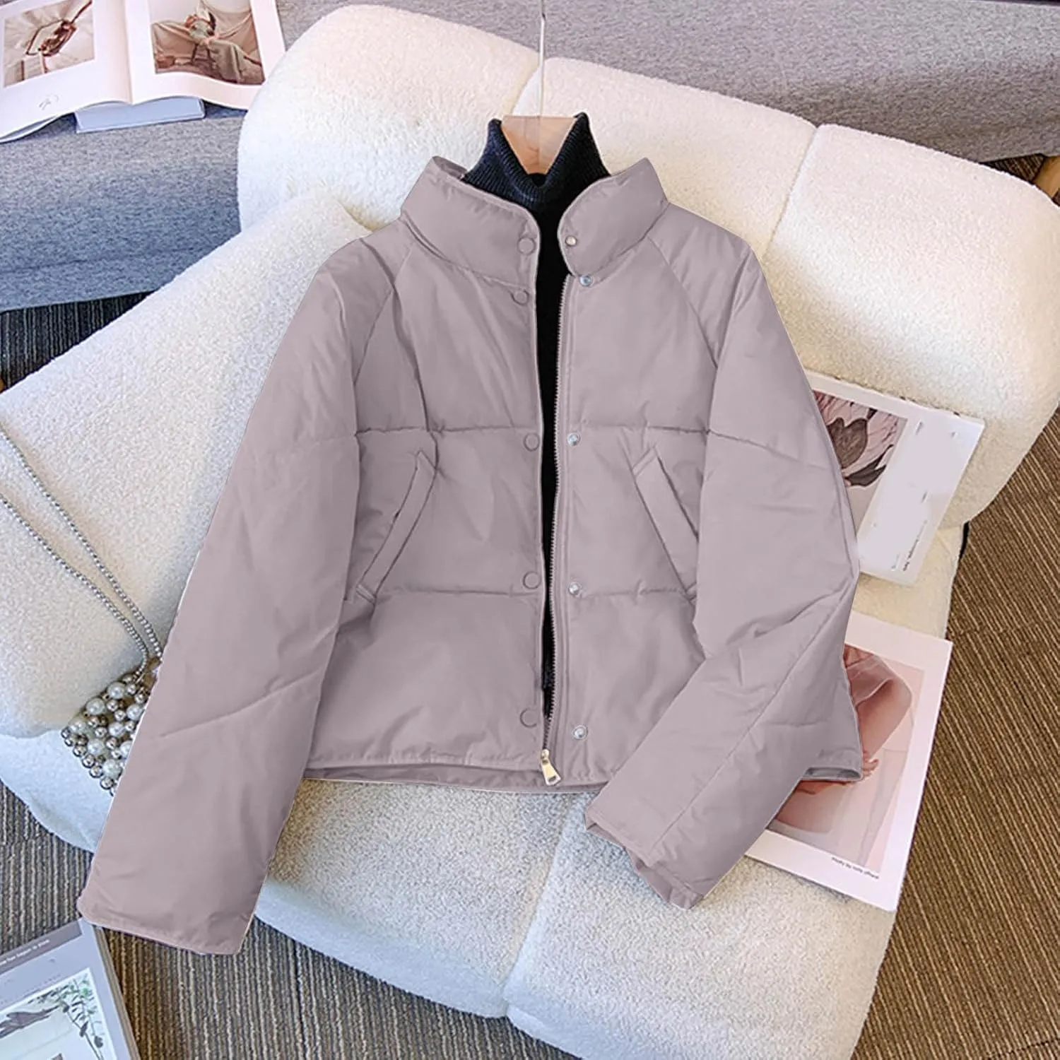 NATHGAM Women Short Puffer Down Jackets Cute Warm Winter Stand Collar Bread Jacket Fashion Casual Loose Cotton Padded Jacket