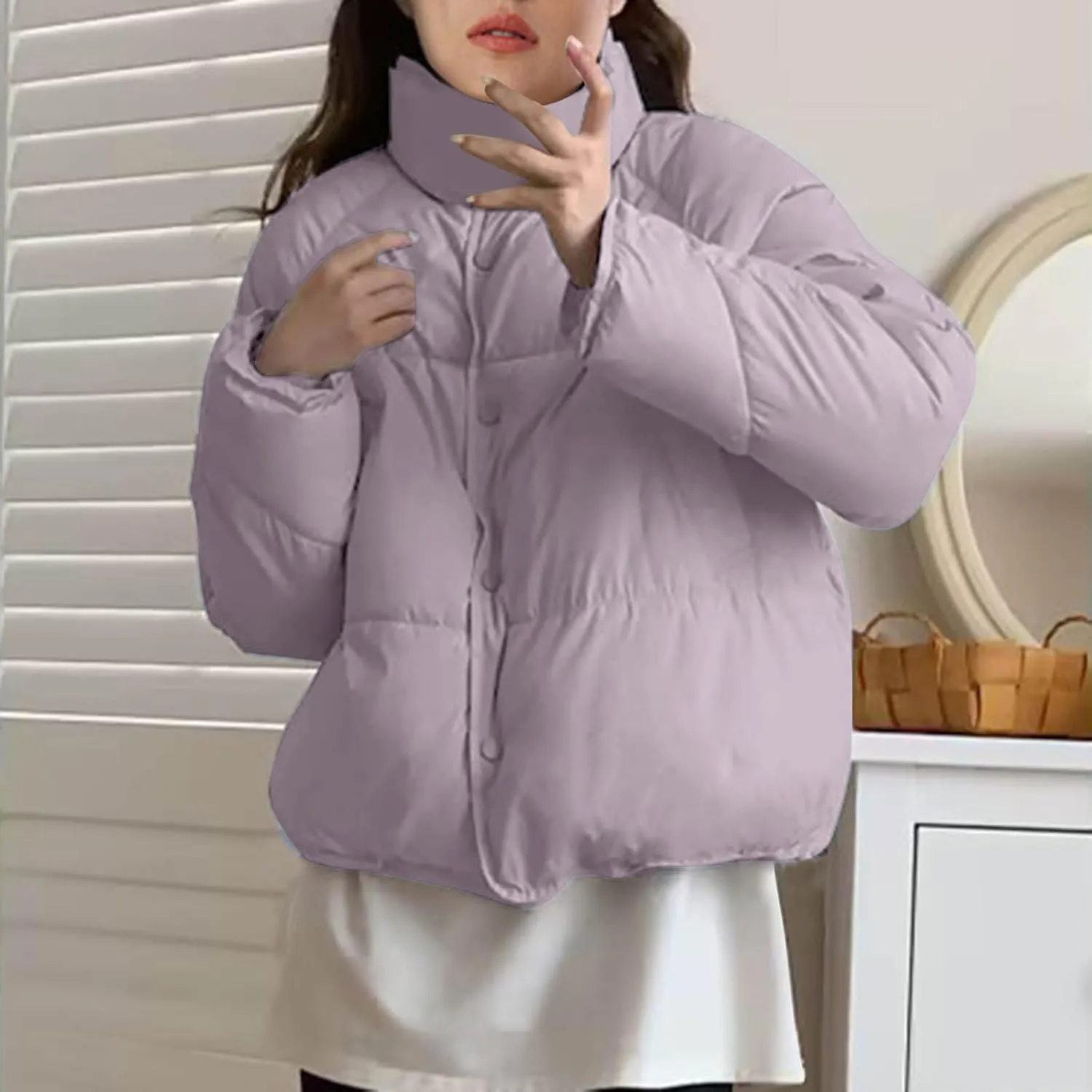 NATHGAM Women Short Puffer Down Jackets Cute Warm Winter Stand Collar Bread Jacket Fashion Casual Loose Cotton Padded Jacket