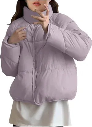 NATHGAM Women Short Puffer Down Jackets Cute Warm Winter Stand Collar Bread Jacket Fashion Casual Loose Cotton Padded Jacket