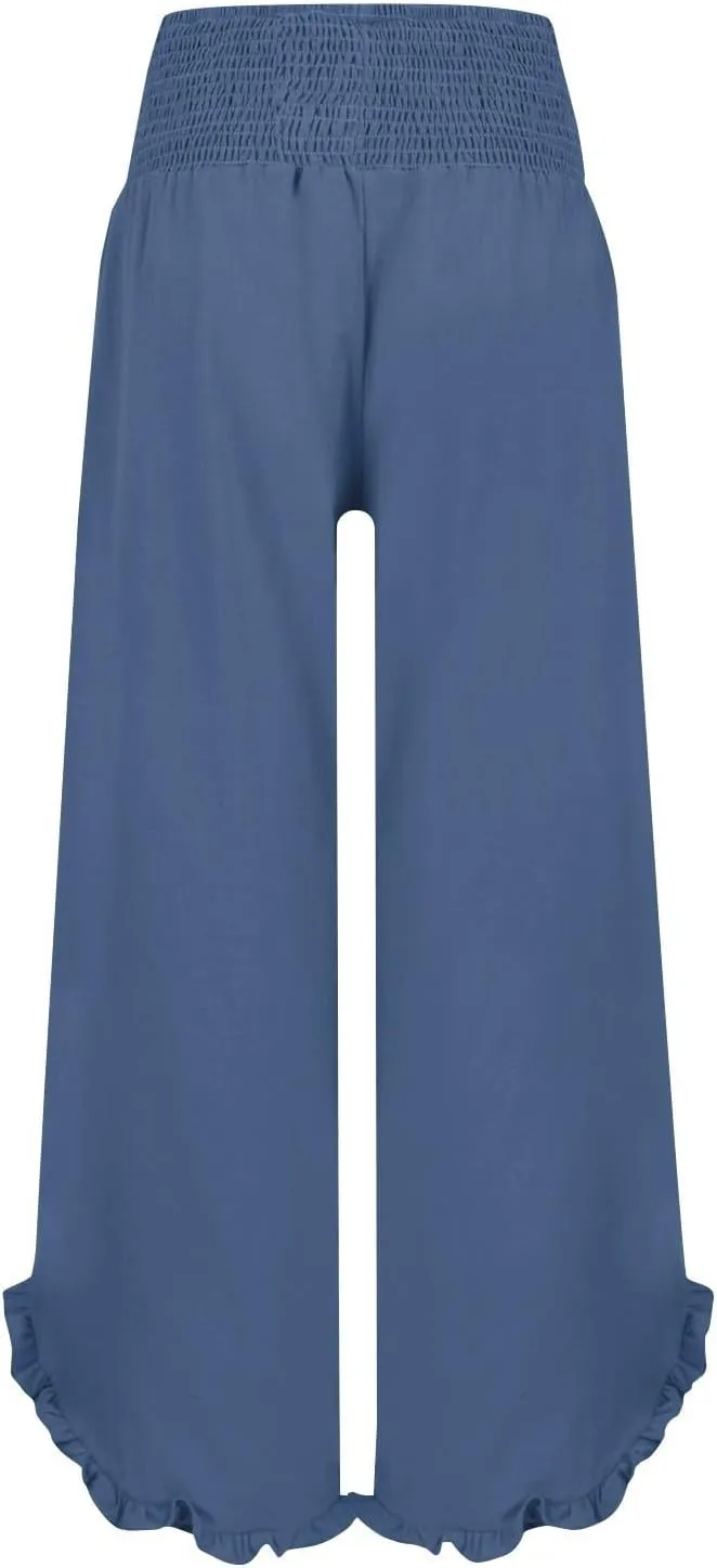 NBXNZWF Womens Linen Palazzo Pants Smock Elastic Waist Wide Leg Flowy Trousers 2025 Summer Ruffle Hem Beach Lounge Pants