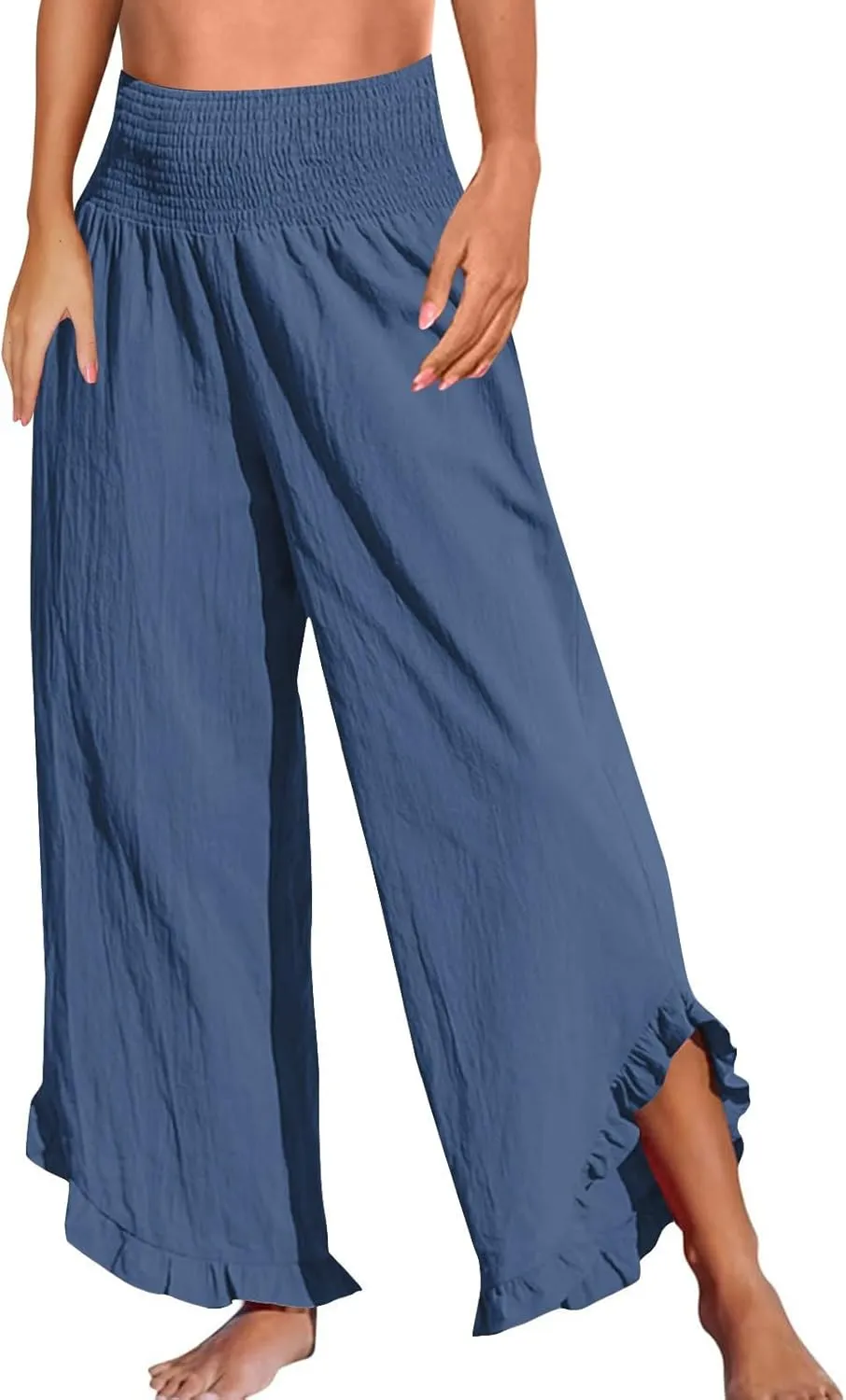NBXNZWF Womens Linen Palazzo Pants Smock Elastic Waist Wide Leg Flowy Trousers 2025 Summer Ruffle Hem Beach Lounge Pants