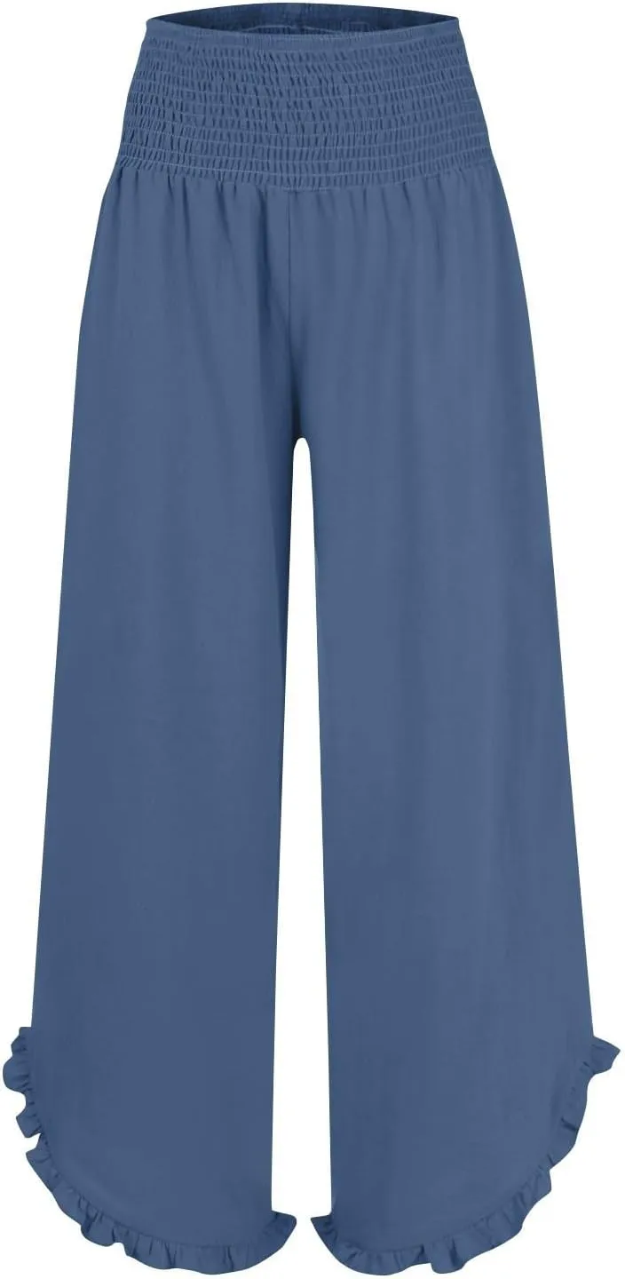 NBXNZWF Womens Linen Palazzo Pants Smock Elastic Waist Wide Leg Flowy Trousers 2025 Summer Ruffle Hem Beach Lounge Pants
