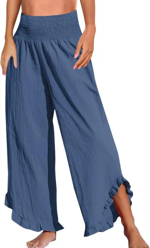 NBXNZWF Womens Linen Palazzo Pants Smock Elastic Waist Wide Leg Flowy Trousers 2025 Summer Ruffle Hem Beach Lounge Pants