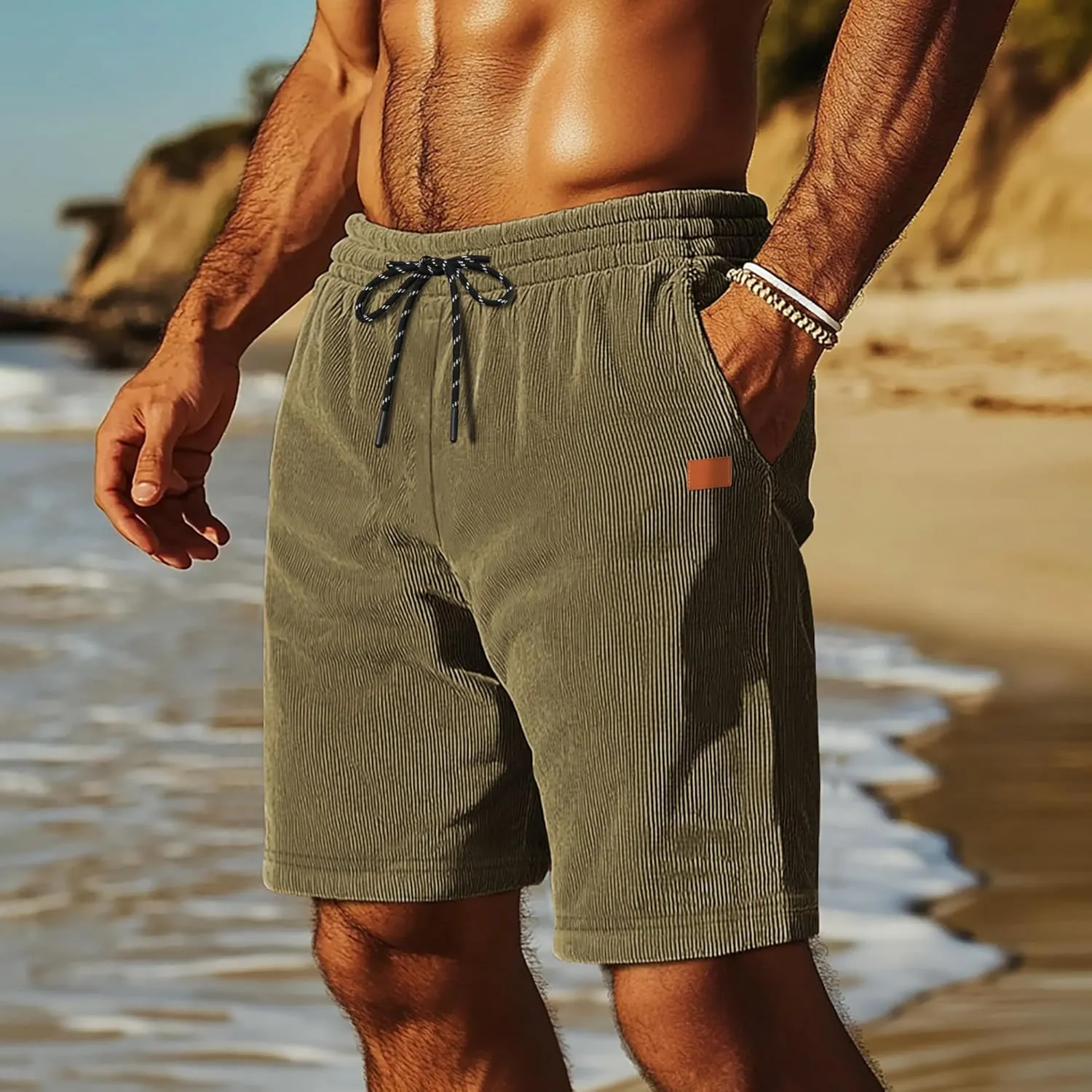 Neer 3 Pack Men's Corduroy Shorts, Casual Elastic Waist Drawstring Shorts Lightweight Summer Stretch Beach Short with Pockets