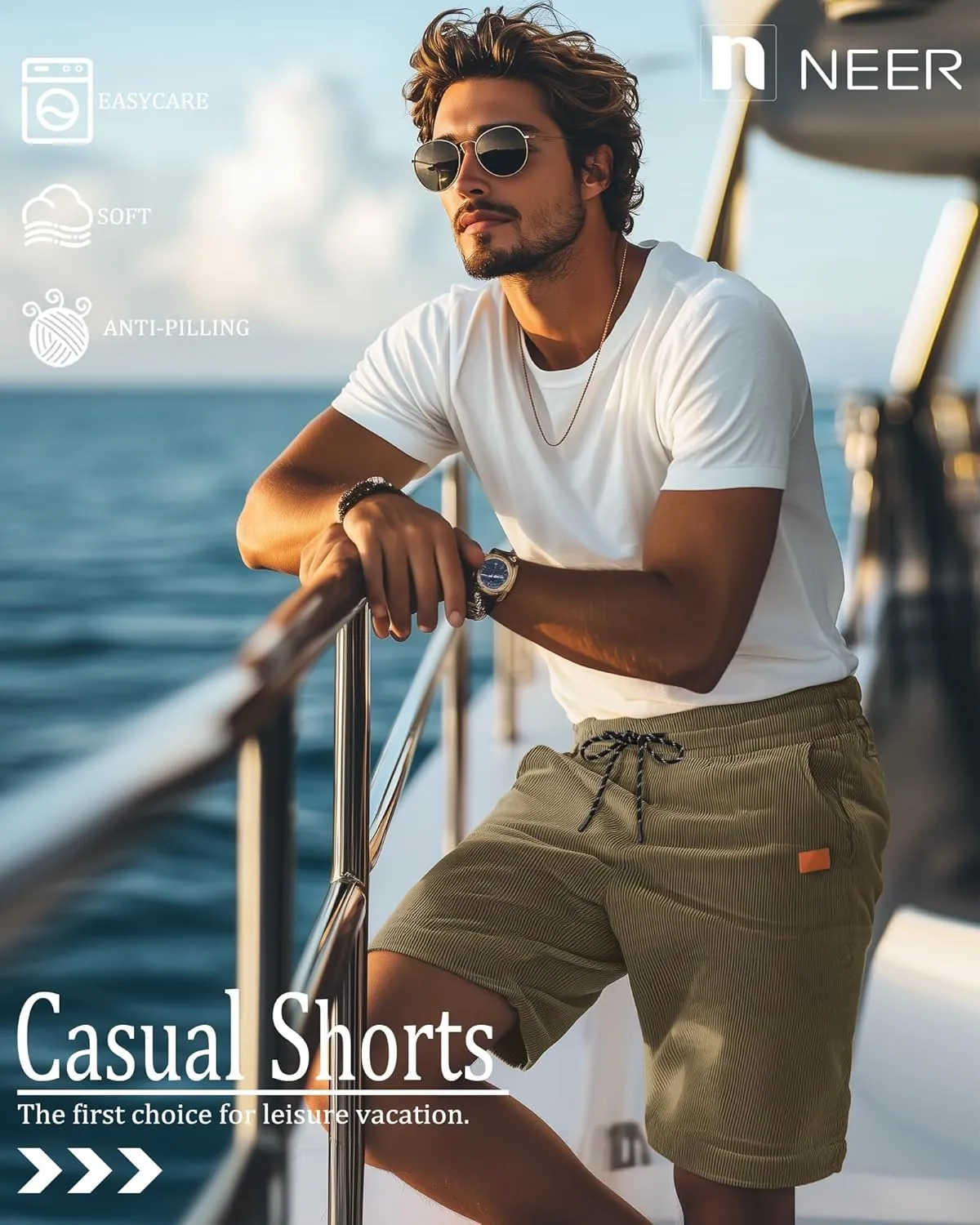 Neer 3 Pack Men's Corduroy Shorts, Casual Elastic Waist Drawstring Shorts Lightweight Summer Stretch Beach Short with Pockets