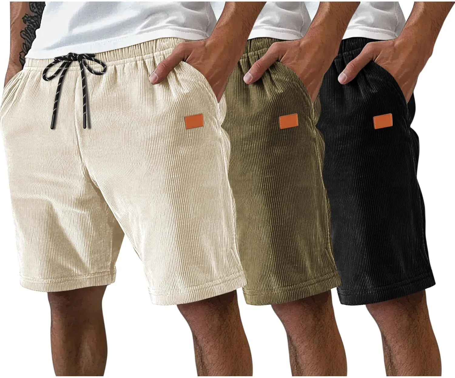 Neer 3 Pack Men's Corduroy Shorts, Casual Elastic Waist Drawstring Shorts Lightweight Summer Stretch Beach Short with Pockets