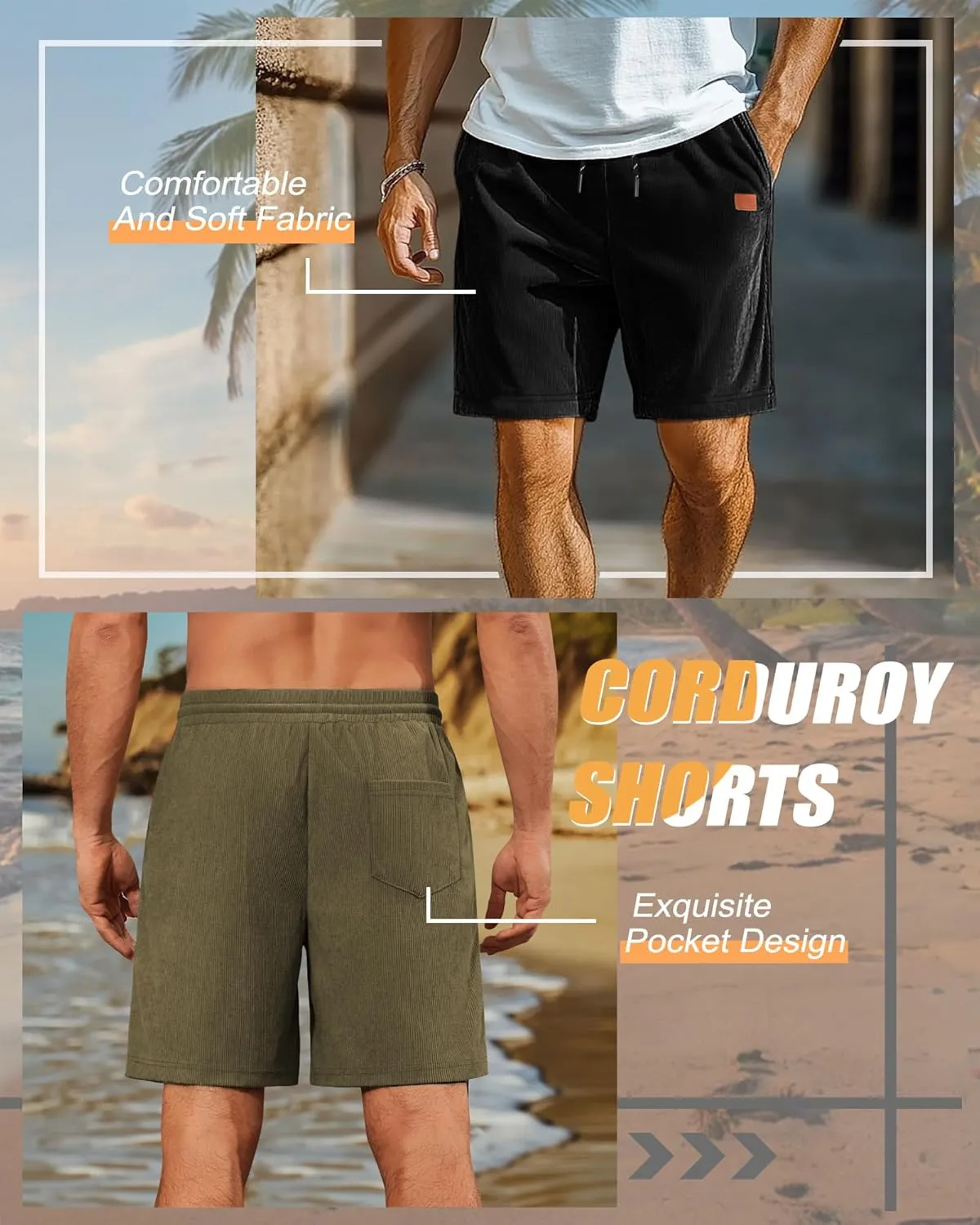 Neer 3 Pack Men's Corduroy Shorts, Casual Elastic Waist Drawstring Shorts Lightweight Summer Stretch Beach Short with Pockets