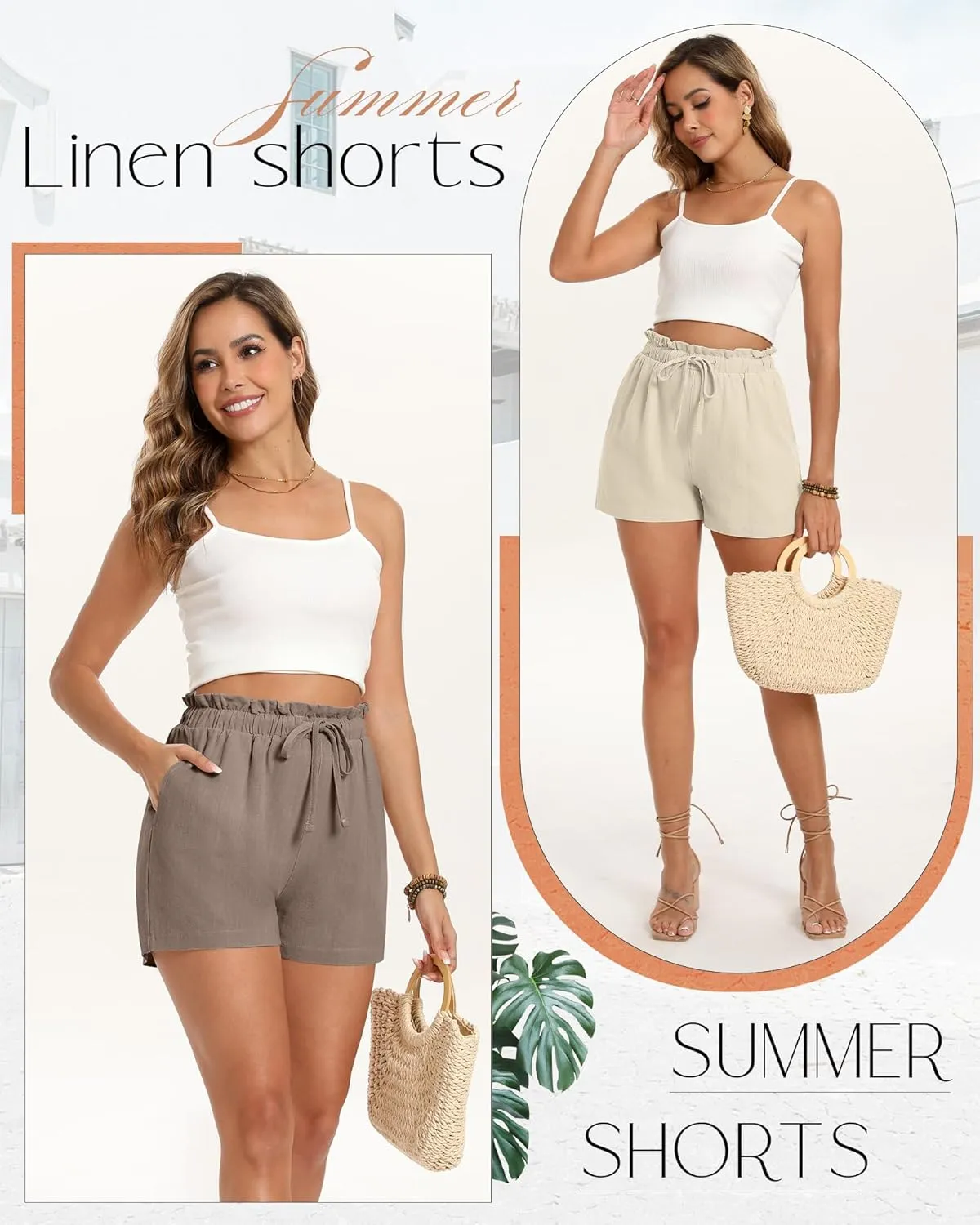 Neer 3 Pack Women's Linen Cotton Shorts with Pockets Drawstring High Elastic Waisted Wide Leg Loose Casual Summer Shorts
