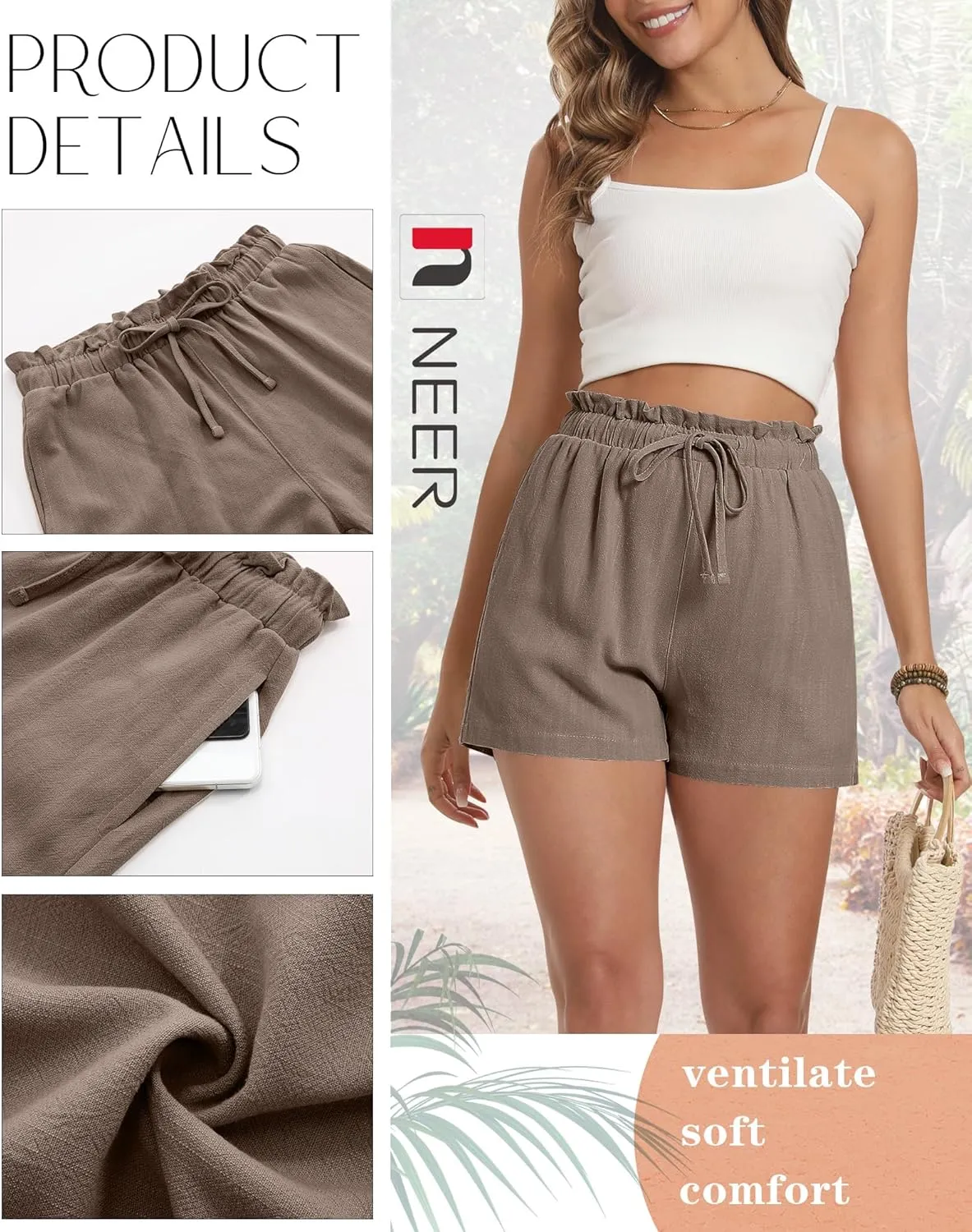 Neer 3 Pack Women's Linen Cotton Shorts with Pockets Drawstring High Elastic Waisted Wide Leg Loose Casual Summer Shorts