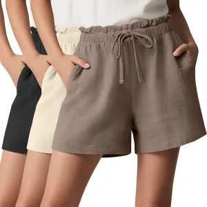 Neer 3 Pack Women's Linen Cotton Shorts with Pockets Drawstring High Elastic Waisted Wide Leg Loose Casual Summer Shorts