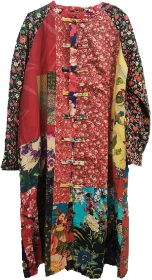 NFYM Women's Trench Coat Long Cotton Linen Floral Print Jacket Cottagecore Clothing Patchwork Outwear Each Piece Unique
