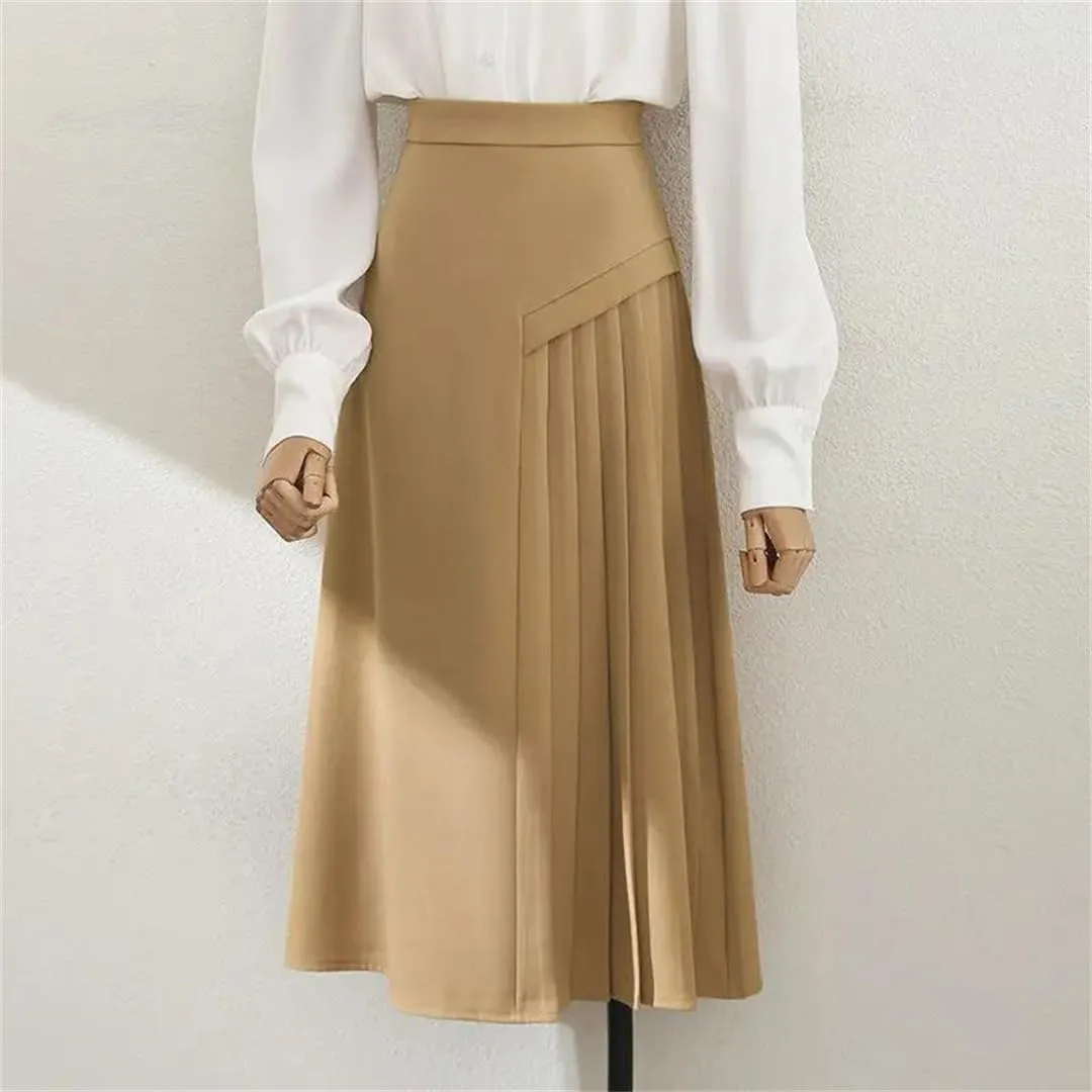 Office Solid Zipper Irregular Pleated Women's Mid-Length High Waist Skirt
