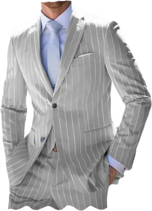 ORBITRAY Men's Pinstripe Suits 2 Pieces Notch Lapel Regular Fit Tuxedos Groomsmen for Wedding (Blazer Pants)