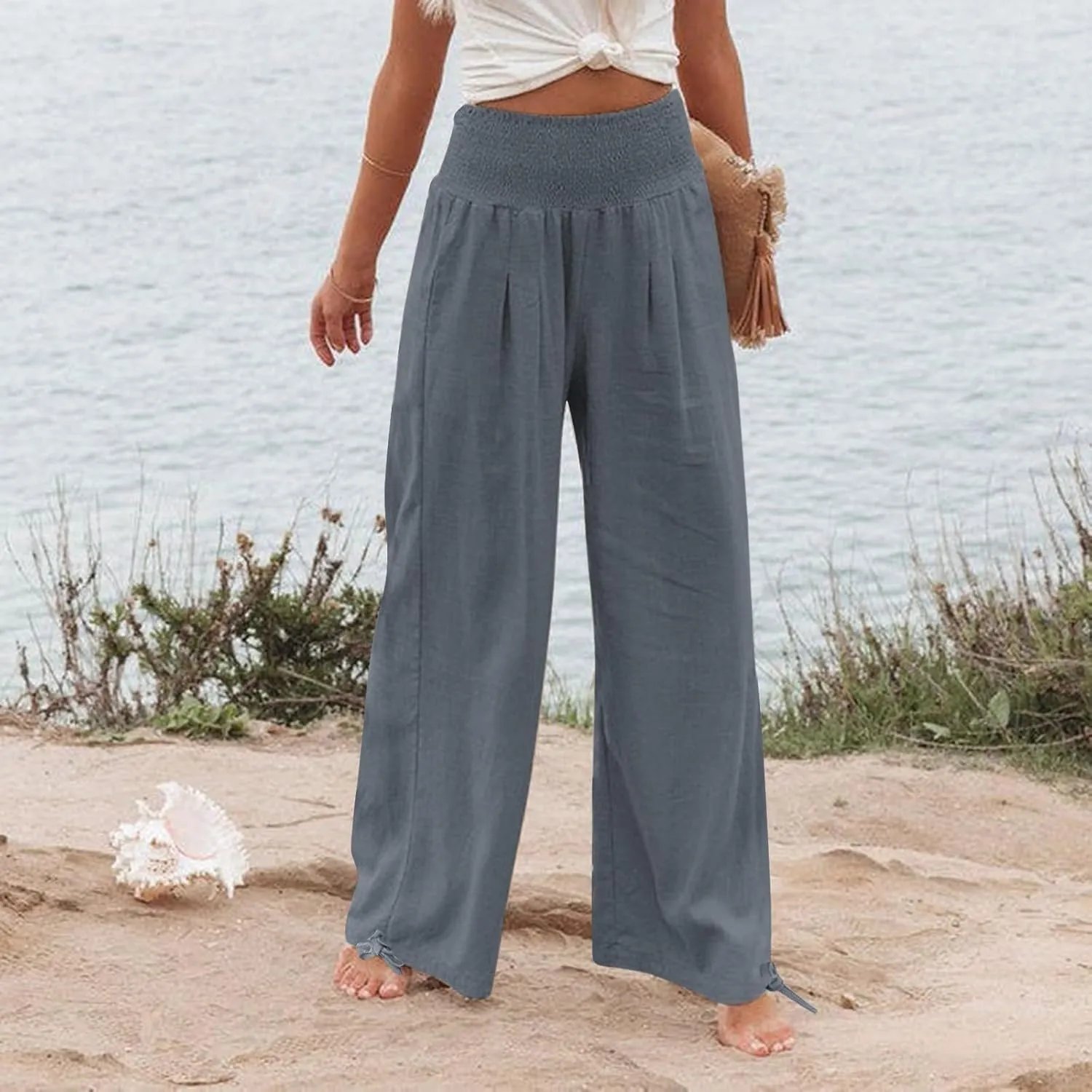 Palazzo Pants for Women Cotton Linen Summer Lightweight Wide Leg Pants Flowy Smocked High Waisted Beach Trousers