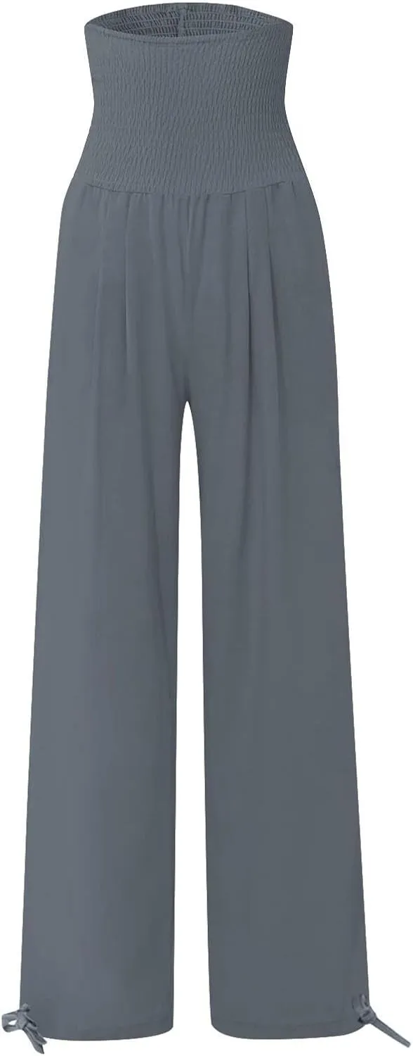 Palazzo Pants for Women Cotton Linen Summer Lightweight Wide Leg Pants Flowy Smocked High Waisted Beach Trousers