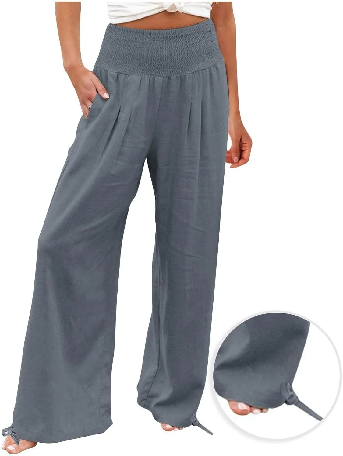 Palazzo Pants for Women Cotton Linen Summer Lightweight Wide Leg Pants Flowy Smocked High Waisted Beach Trousers