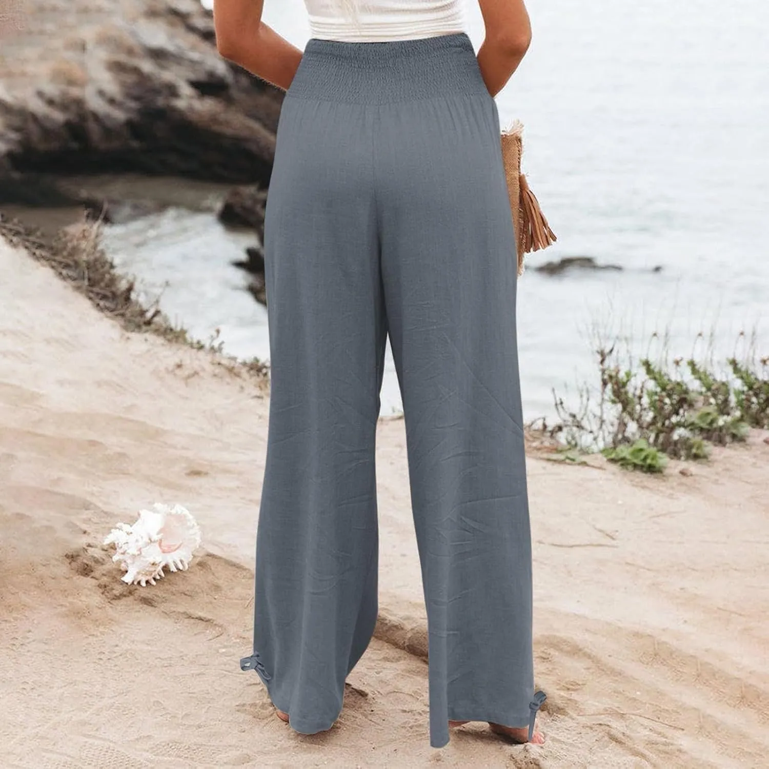 Palazzo Pants for Women Cotton Linen Summer Lightweight Wide Leg Pants Flowy Smocked High Waisted Beach Trousers